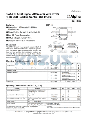 AA110-85 datasheet - GaAs IC 5 Bit Digital Attenuator with Driver 1 dB LSB Positive Control DC-2 GHz