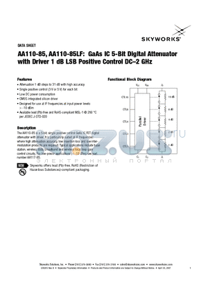 AA110-85 datasheet - GaAs IC 5-Bit Digital Attenuator with Driver 1 dB LSB Positive Control DC-2 GHz