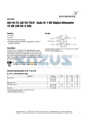 AA116-72 datasheet - GaAs IC 1-Bit Digital Attenuator 15 dB LSB DC-2 GHz
