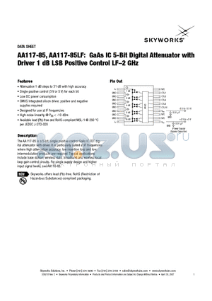 AA117-85 datasheet - GaAs IC 5-Bit Digital Attenuator with Driver 1 dB LSB Positive Control LF-2 GHz