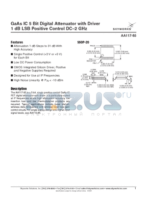 AA117-85 datasheet - GaAs IC 5 Bit Digital Attenuator with Driver 1 dB LSB Positive Control DC-2 GHz