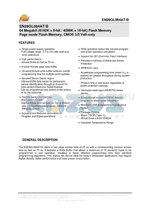 EN29GL064AT datasheet - 64 Megabit (8192K x 8-bit / 4096K x 16-bit) Flash Memory Page mode Flash Memory, CMOS 3.0 Volt-only