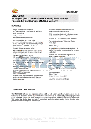 EN29GL064T-70ZIP datasheet - 64 Megabit (8192K x 8-bit / 4096K x 16-bit) Flash Memory Page mode Flash Memory, CMOS 3.0 Volt-only