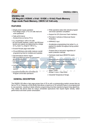 EN29GL128H datasheet - 128 Megabit (16384K x 8-bit / 8192K x 16-bit) Flash Memory Page mode Flash Memory, CMOS 3.0 Volt-only