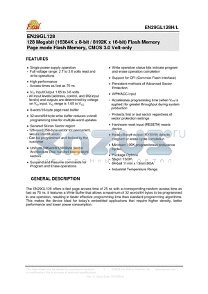 EN29GL128HH70ZIP datasheet - 128 Megabit (16384K x 8-bit / 8192K x 16-bit) Flash Memory Page mode Flash Memory, CMOS 3.0 Volt-only