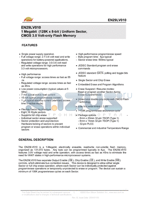 EN29LV010-45RJC datasheet - 1 Megabit (128K x 8-bit ) Uniform Sector, CMOS 3.0 Volt-only Flash Memory