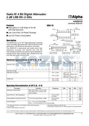 AA220-25 datasheet - GaAs IC 4 Bit Digital Attenuator 2 dB LSB DC-2 GHz