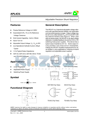 APL431BEC-TR datasheet - Adjustable Precision Shunt Regulator