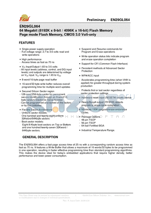 EN29GL064B-70TIP datasheet - 64 Megabit (8192K x 8-bit / 4096K x 16-bit) Flash Memory