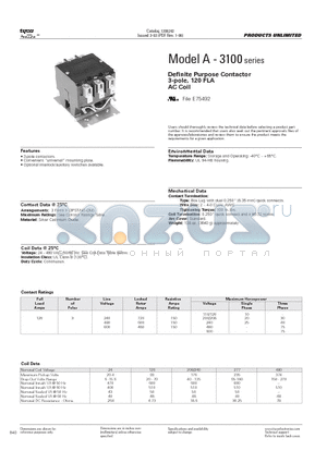 3100Y30T12999 datasheet - Definite Purpose Contactor 3-pole, 120 FLA AC Coil