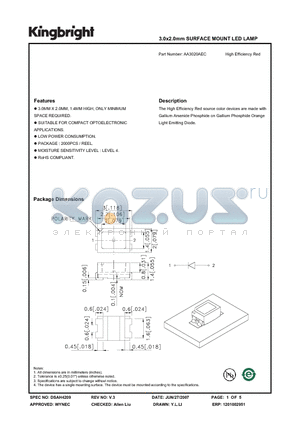 AA3020AEC datasheet - 3.0x2.0mm SURFACE MOUNT LED LAMP