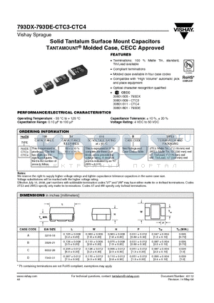 793DE106X0010B2TE3 datasheet - Solid Tantalum Surface Mount Capacitors TANTAMOUNT^ Molded Case, CECC Approved