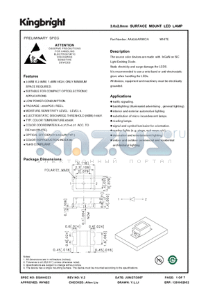 AA3020ARWC-A datasheet - 3.0x2.0mm SURFACE MOUNT LED LAMP