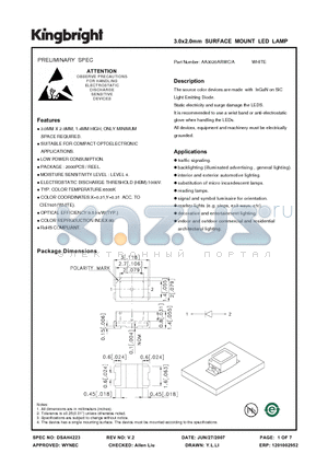 AA3020ARWC/A datasheet - 3.0x2.0mm SURFACE MOUNT LED LAMP