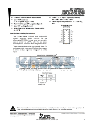 CD74HCT4066-Q1 datasheet - HIGH-SPEED CMOS LOGIC QUAD BILATERAL SWITCH