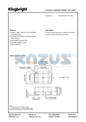 AA3020SYC datasheet - 3.0x2.0mm SURFACE MOUNT LED LAMP