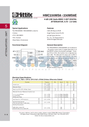 230MS8E datasheet - 4 dB LSB GaAs MMIC 3-BIT DIGITAL ATTENUATOR, 0.75 - 2.0 GHz