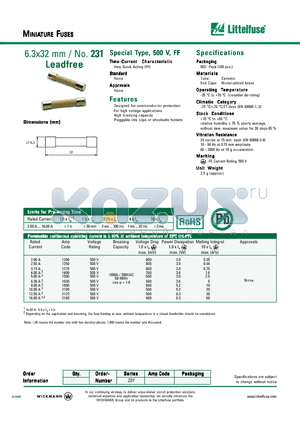 231 datasheet - 6.3x32 mm MINIATURE FUSES