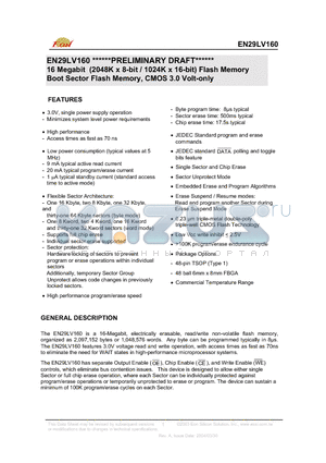 EN29LV160B-90B datasheet - 16 Megabit (2048K x 8-bit / 1024K x 16-bit) Flash Memory Boot Sector Flash Memory, CMOS 3.0 Volt-only