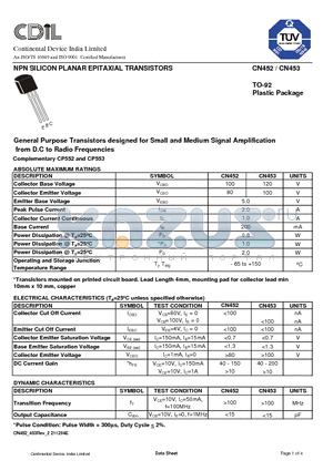 CN452 datasheet - NPN SILICON PLANAR EPITAXIAL TRANSISTORS