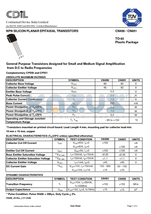 CN450 datasheet - General Purpose Transistors designed for Small and Medium Signal Amplification from D.C to Radio Frequencies