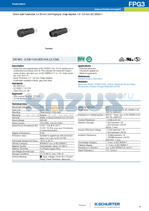 3101.0030 datasheet - Shock-Safe Fuseholder, 5 x 20 mm, Slot/Fingergrip, Snap stepless, 1.0 - 3.0 mm, IEC 60335-1