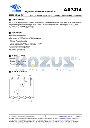 AA3414A datasheet - SINGLE-SUPPLY DUAL HIGH CURRENT OPERATIONAL AMPLIFIER