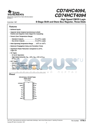 CD74HCT4094M datasheet - High Speed CMOS Logic 8-Stage Shift and Store Bus Register, Three-State