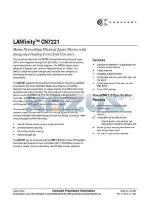 CN7221 datasheet - Home Networking Physical Layer Device with Integrated Analog Front End Circuitry