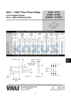 3102 datasheet - 200 V - 1,000 V Three Phase Bridge 2.0 A Forward Current 70 ns - 3000 ns Recovery Time