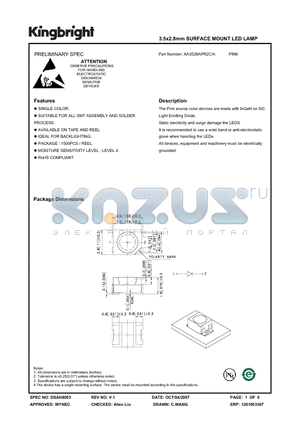 AA3528APR2C/A datasheet - 3.5x2.8mm SURFACE MOUNT LED LAMP