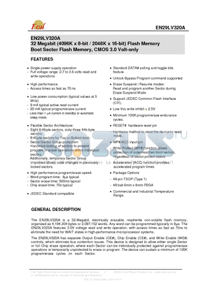 EN29LV320A datasheet - 32 Megabit (4096K x 8-bit / 2048K x 16-bit) Flash Memory Boot Sector Flash Memory, CMOS 3.0 Volt-only