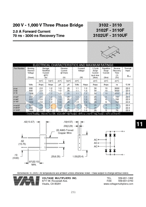 3106UF datasheet - 200 V - 1,000 V Three Phase Bridge 2.0 A Forward Current 70 ns - 3000 ns Recovery Time