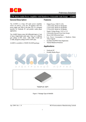 AA4005GTR-E1 datasheet - 2.7W Stereo Audio Power Amplifier with Shutdown, 4 Selectable Gain Setups