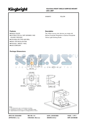 AA4040YC datasheet - 4.0x4.0mm RIGHT ANGLE SURFACE MOUNT LED LAMP