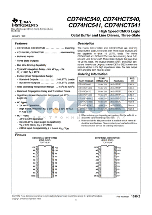 CD74HCT540E datasheet - High Speed CMOS Logic Octal Buffer and Line Drivers, Three-State