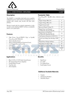 AA8227 datasheet - DUAL AUDIO POWER AMPLIFIER