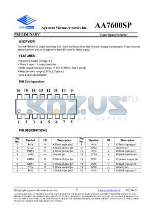 AA7600SP datasheet - Video Signal Switcher