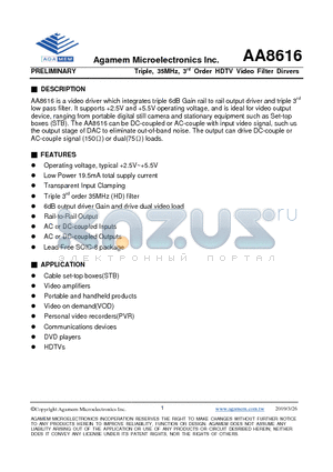 AA8616 datasheet - Triple, HDTV Video Filter Dirvers