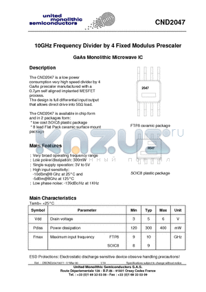 CND2047 datasheet - 10GHz Frequency Divider by 4 Fixed Modulus Prescaler