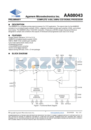 AA88043 datasheet - COMPLETE 10-Bit, 25MHz CCD SIGNAL PROCESSOR