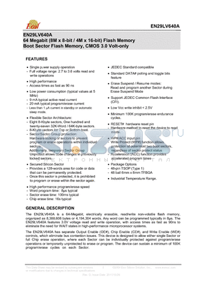 EN29LV640A datasheet - 64 Megabit (8M x 8-bit / 4M x 16-bit) Flash Memory Boot Sector Flash Memory, CMOS 3.0 Volt-only