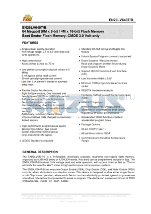 EN29LV640B-70BP datasheet - 64 Megabit (8M x 8-bit / 4M x 16-bit) Flash Memory Boot Sector Flash Memory, CMOS 3.0 Volt-only