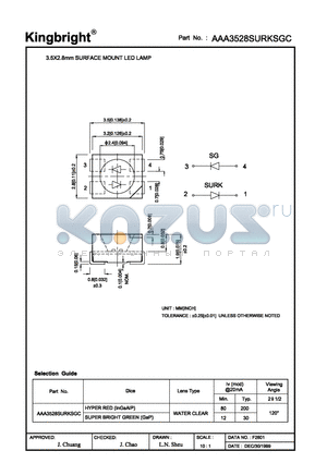 AAA3528SURKSGC datasheet - 3.5 x 2.8mm SURFACE MOUNT LED LAMP