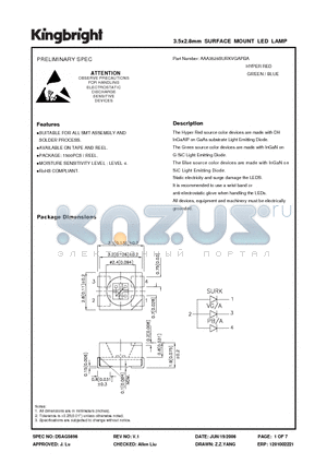 AAA3528SURKVGAPBA datasheet - 3.5x2.8mm SURFACE MOUNT LED LAMP