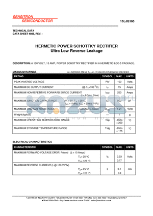 15LJQ100 datasheet - HERMETIC POWER SCHOTTKY RECTIFIER