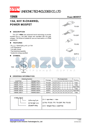 15N06G-S08-T datasheet - 15A, 60V N-CHANNEL POWER MOSFET