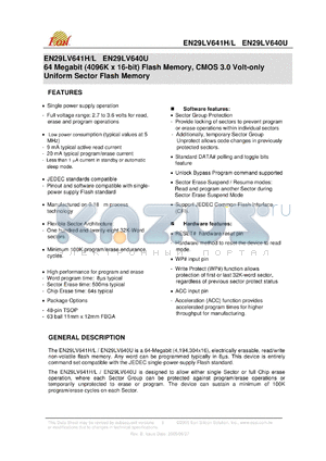 EN29LV641H-90WCP datasheet - 64 Megabit (4096K x 16-bit) Flash Memory, CMOS 3.0 Volt-only Uniform Sector Flash Memory