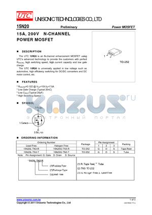 15N20G-TN3-R datasheet - 15A, 200V N-CHANNEL POWER MOSFET