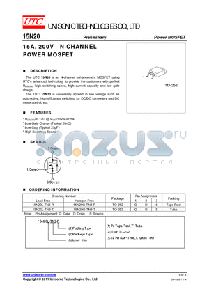 15N20L-TN3-T datasheet - 15A, 200V N-CHANNEL POWER MOSFET